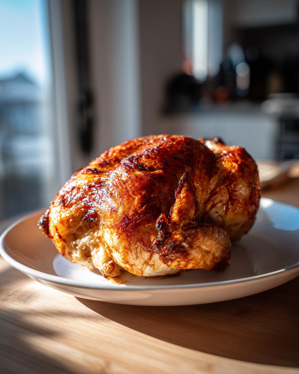 A golden brown, crispy-skinned air fryer whole chicken resting on a white plate indoors.