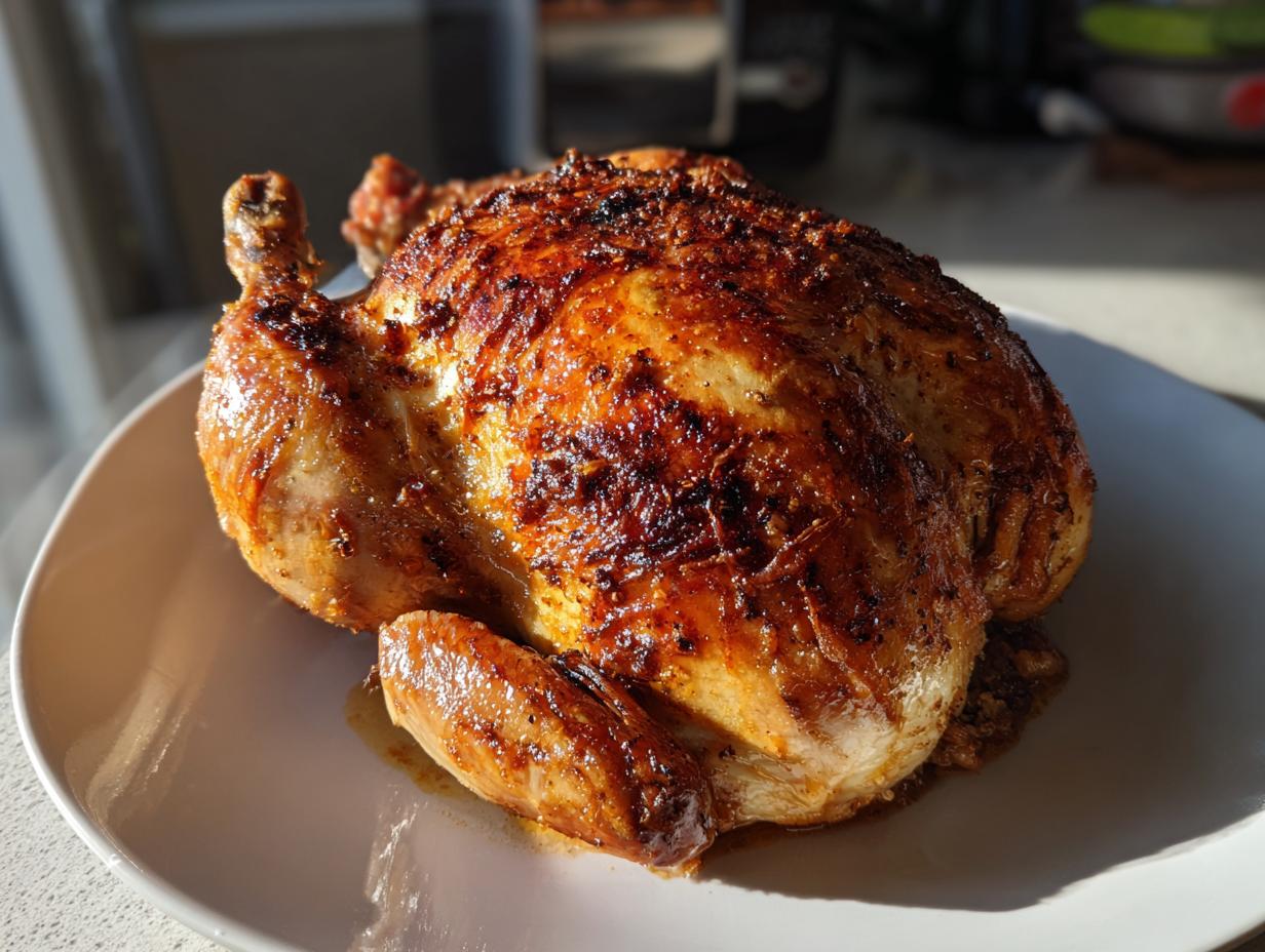 A whole roasted chicken with crispy, golden-brown skin resting on a white plate, made using an air fryer whole chicken recipe.