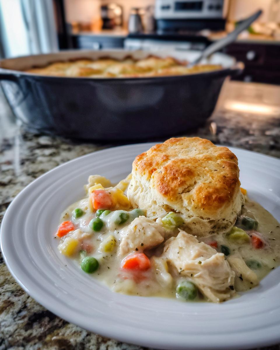 A serving of creamy chicken pot topped with a golden biscuit, featuring chicken, peas, and carrots.