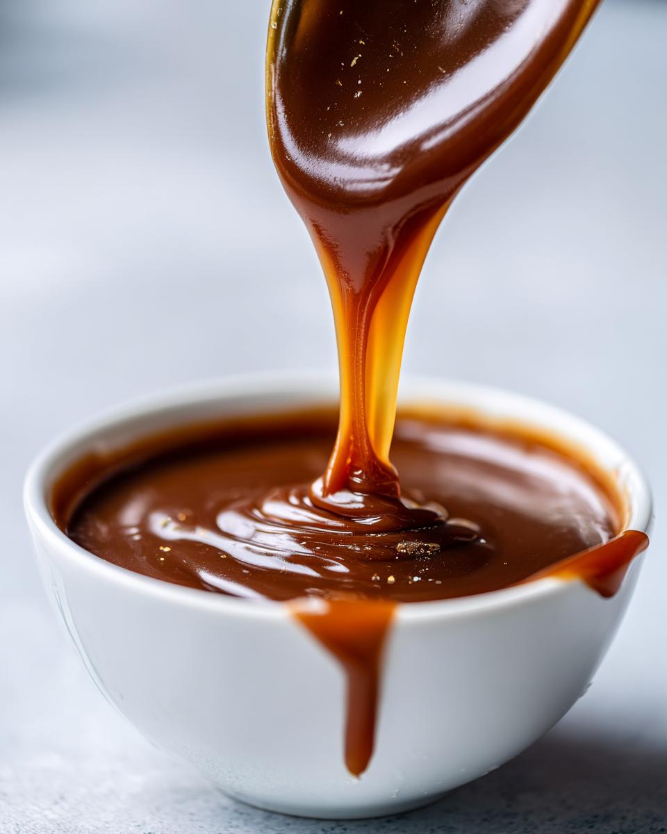 Close-up of thick, glossy caramel sauce being poured from a spoon into a small white bowl.