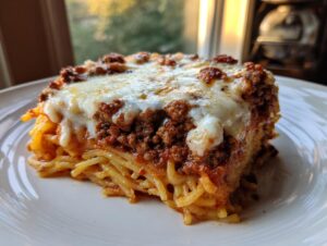 A hearty slice of 3-cheese spaghetti pie topped with rich meat sauce and melted mozzarella cheese.