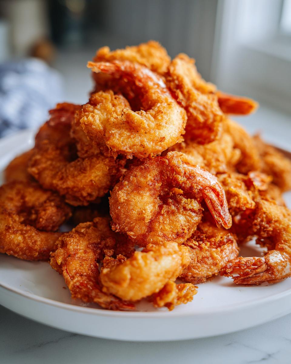 A generous pile of perfectly golden brown, crispy fried shrimp served on a white plate.