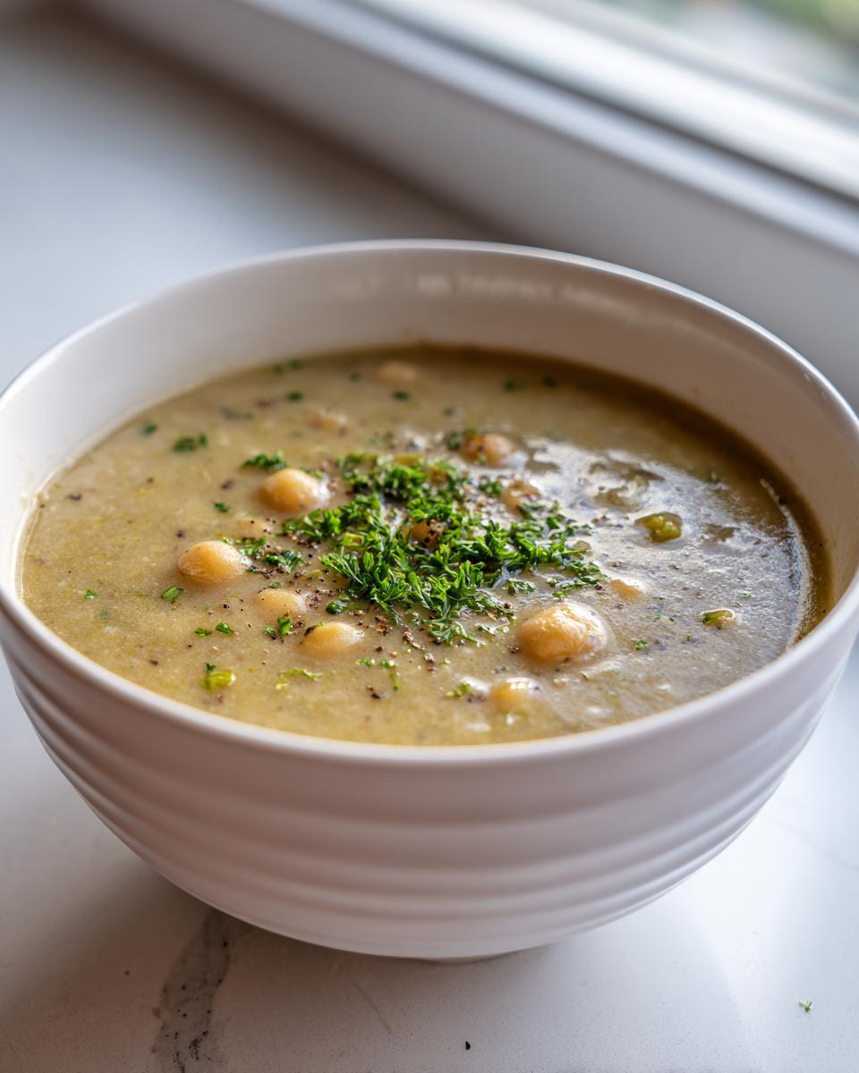 A close-up of a white bowl filled with creamy, thick chickpea soup garnished with fresh parsley and black pepper.