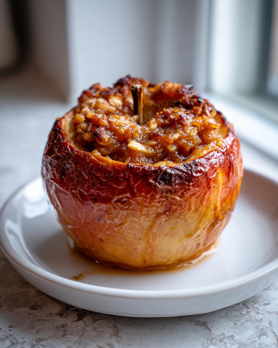 A single, glistening baked apples dessert with a caramelized, crunchy oat filling served on a small white plate.
