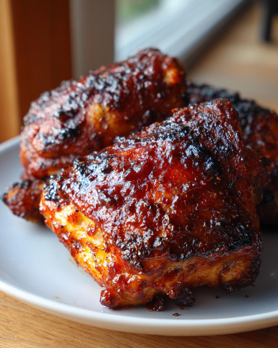Close-up of several pieces of perfectly cooked bbq chicken thighs covered in a thick, glossy, caramelized sauce.