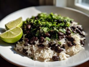 A close-up of a serving of amazing black beans and rice topped with fresh cilantro and two lime wedges.
