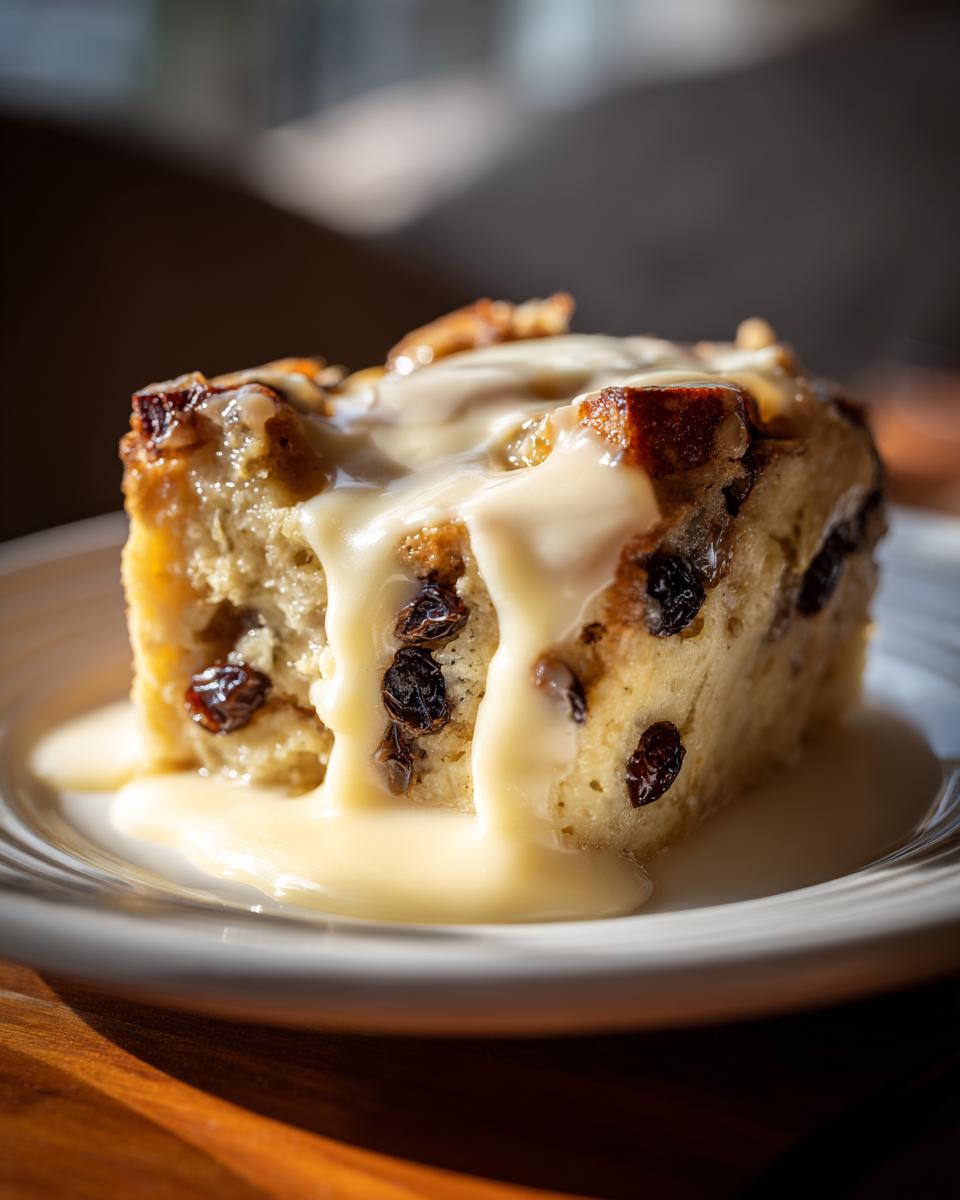 A close-up of a square slice of bread pudding, studded with raisins and topped with a thick vanilla cream sauce.
