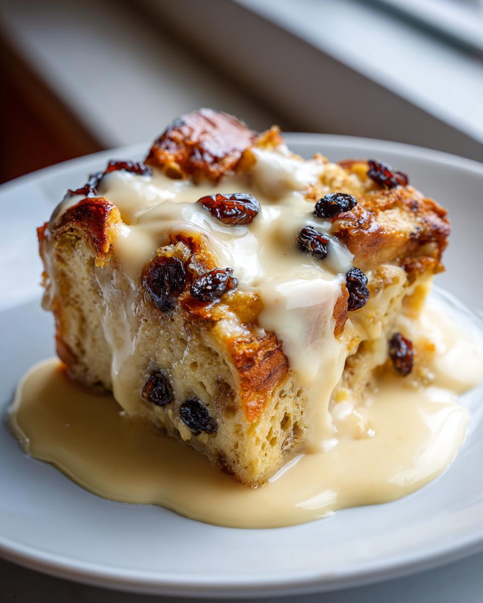 A close-up of a rich slice of bread pudding topped with vanilla sauce and raisins.