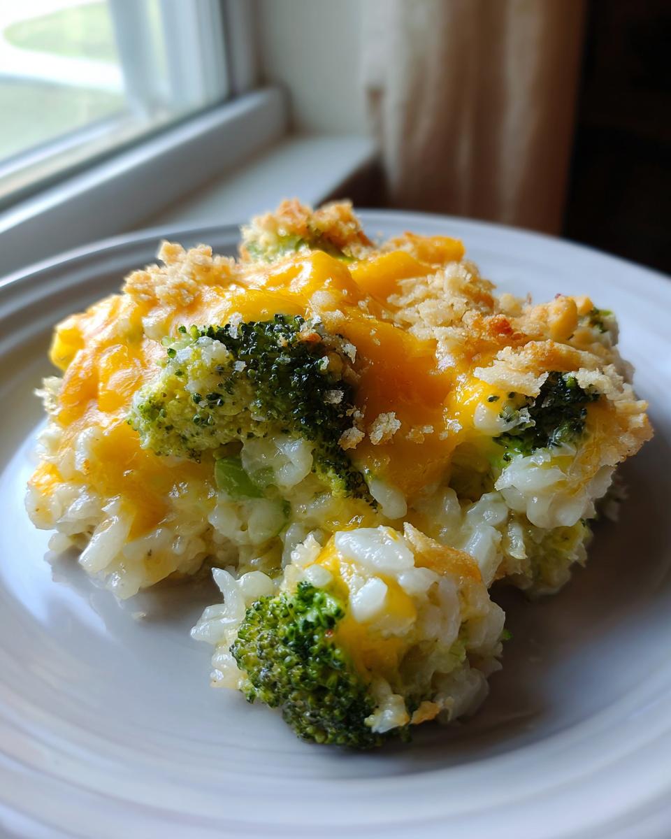 A close-up serving of creamy broccoli rice topped with melted cheddar cheese and breadcrumbs.