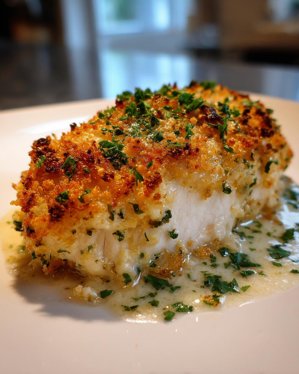 Close-up of a baked caesar chicken breast with a golden, crispy breadcrumb topping and creamy sauce.