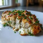 Close-up of baked caesar chicken, sliced to show the juicy interior and creamy sauce, topped with fresh parsley.