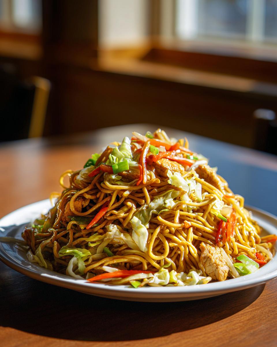 A large serving of savory chicken chow mein recipe piled high on a white plate, featuring noodles, chicken pieces, cabbage, and carrots.