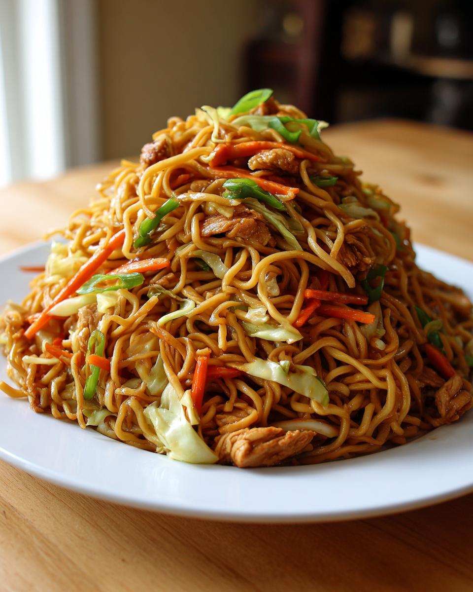 A large mound of freshly prepared chicken chow mein recipe noodles mixed with shredded cabbage and carrots.