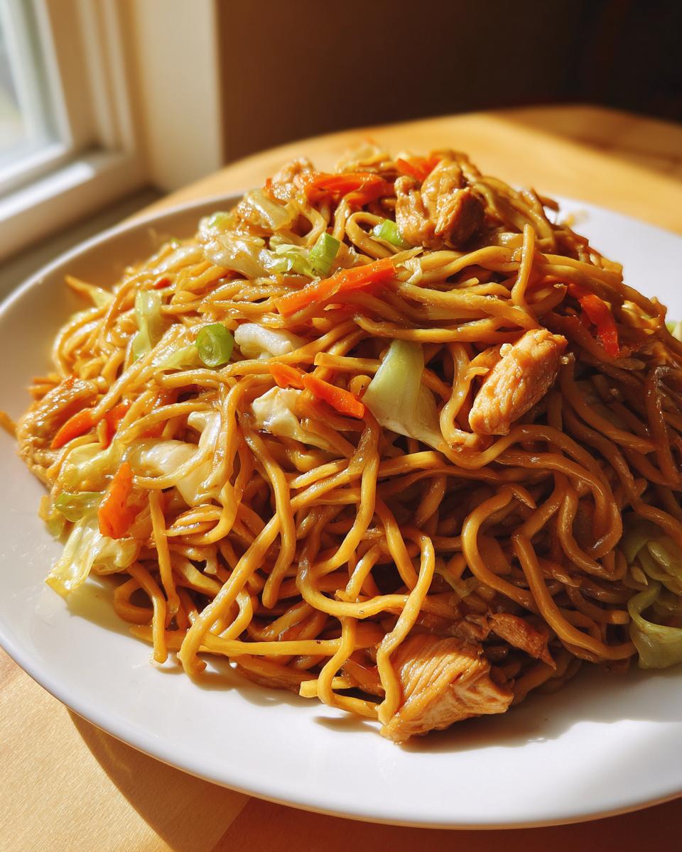 A heaping portion of freshly made chicken chow mein recipe with noodles, chicken pieces, cabbage, and carrots on a white plate.