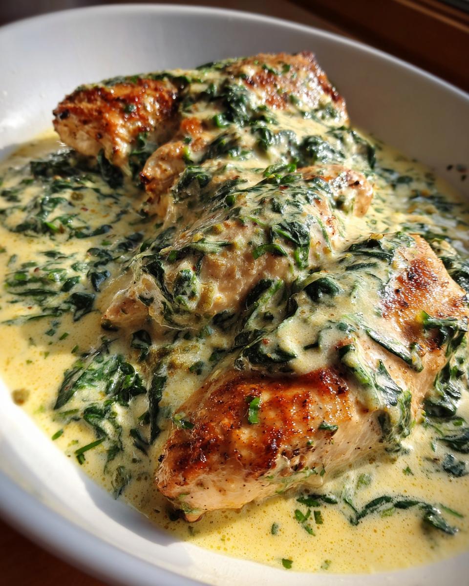 Three pieces of perfectly seared chicken florentine smothered in a rich, creamy spinach sauce.