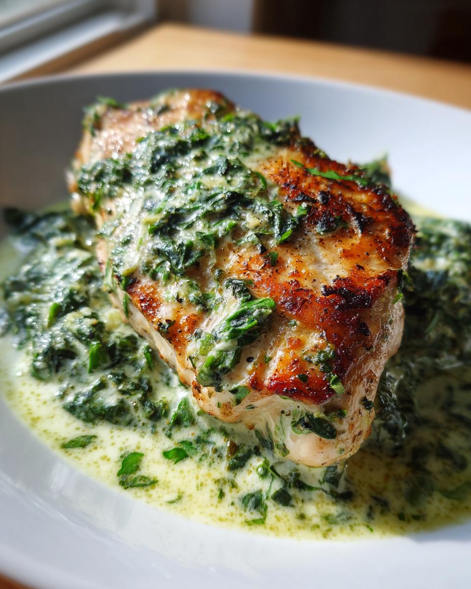 Close-up of perfectly seared chicken florentine breast covered in a rich, creamy spinach sauce.