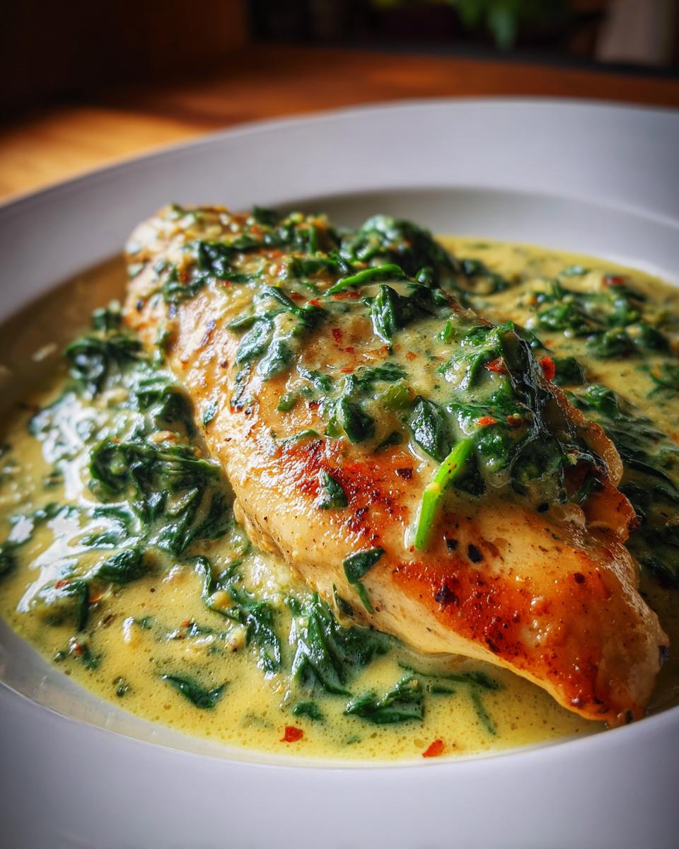 Close-up of a perfectly seared chicken florentine breast covered in a rich, creamy spinach sauce.