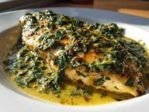 Close-up of a perfectly cooked chicken florentine breast covered in a rich, creamy spinach sauce.