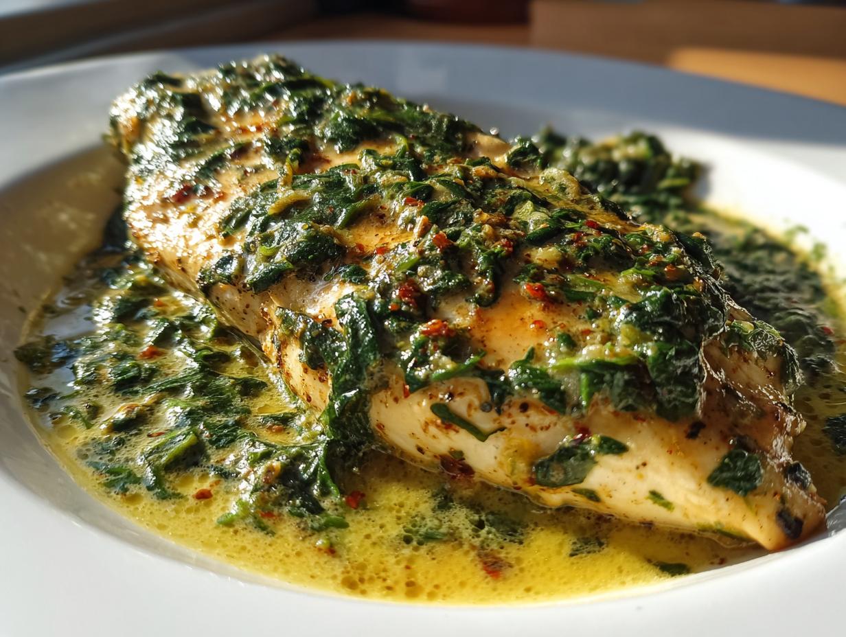 Close-up of a perfectly cooked chicken florentine breast covered in a rich, creamy spinach sauce.