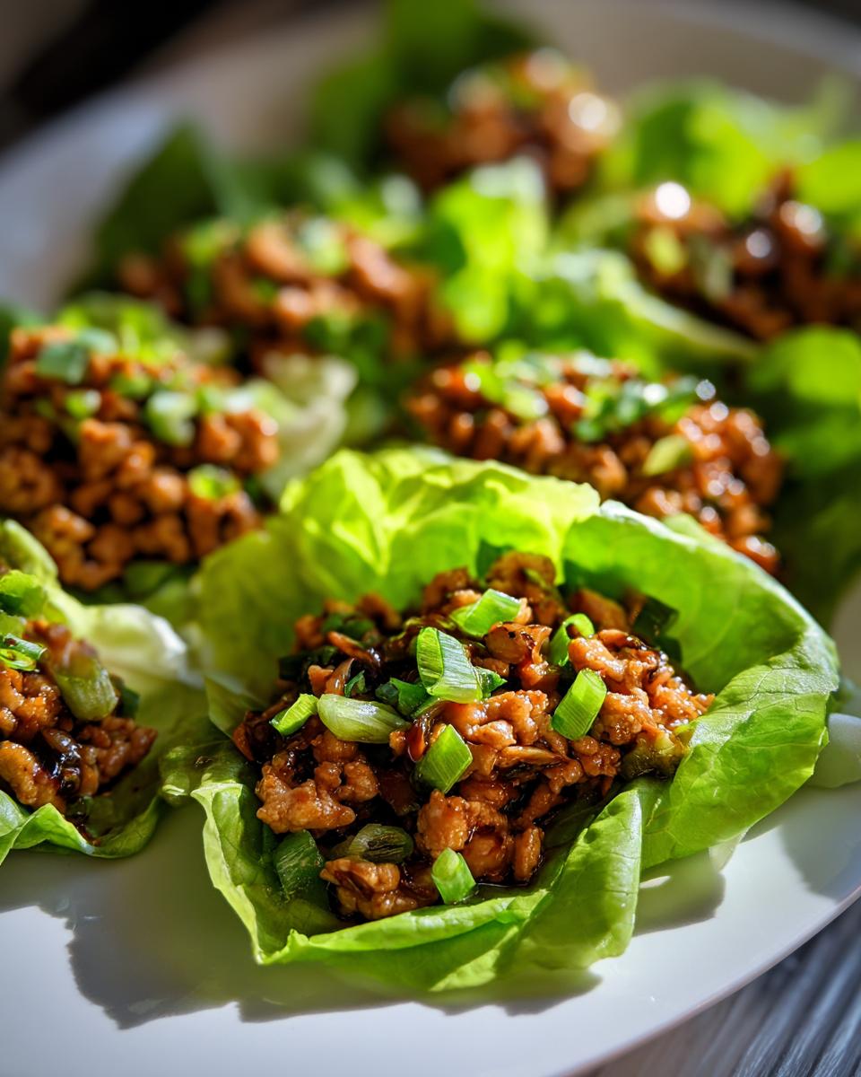 Several servings of amazing chicken lettuce wraps filled with savory ground chicken and topped with fresh green onions.