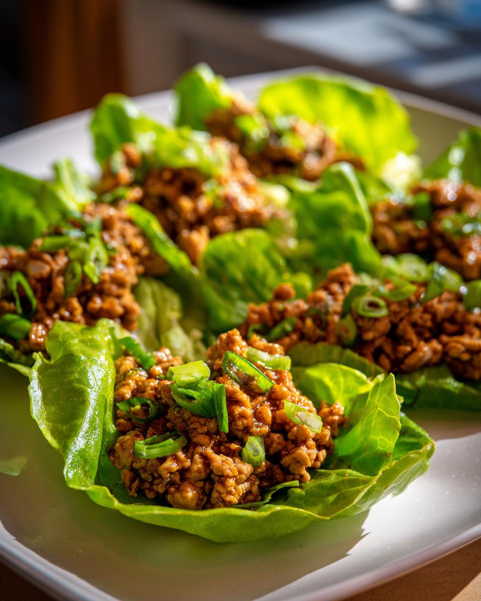 Close-up of several fresh chicken lettuce wraps filled with savory ground chicken mixture and topped with green onions.