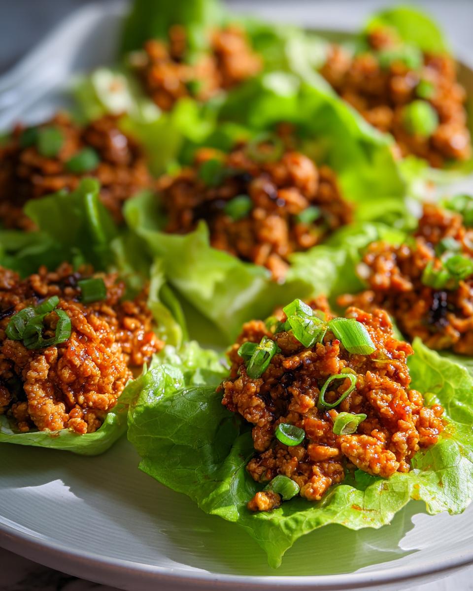Close-up of several bright green lettuce cups filled with savory, saucy ground chicken mixture, topped with sliced green onions for chicken lettuce wraps.