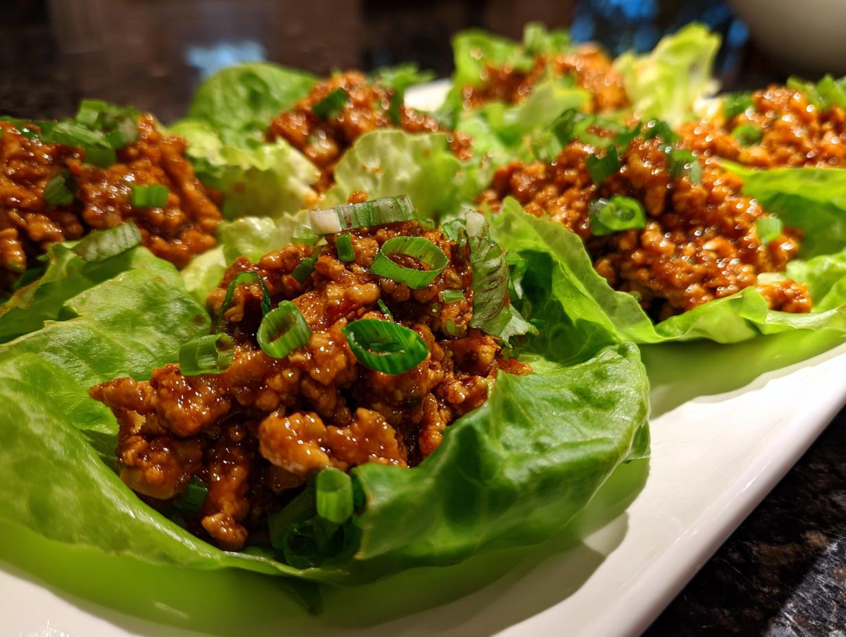 Close-up of several vibrant chicken lettuce wraps filled with savory ground chicken mixture and topped with green onions.