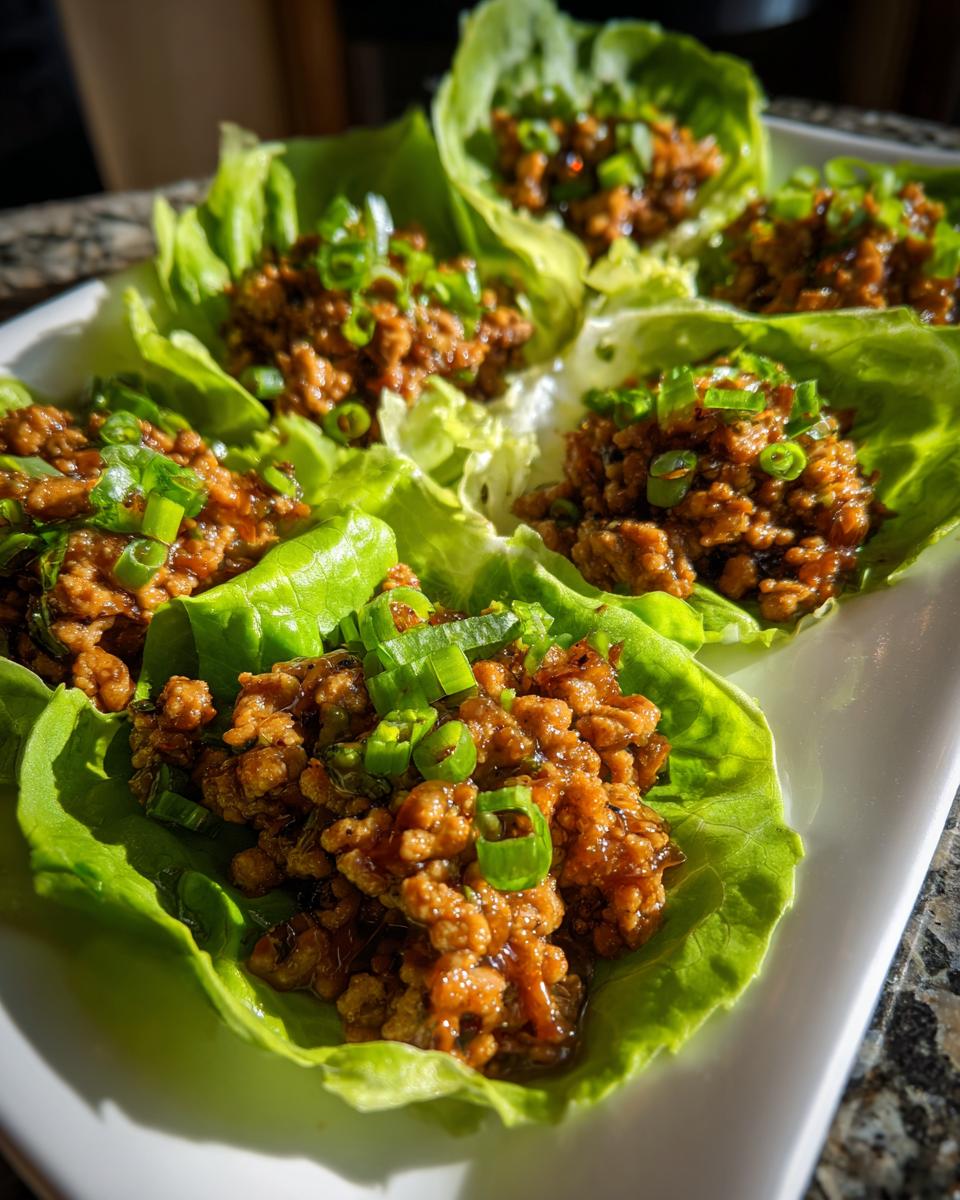 Several fresh chicken lettuce wraps filled with savory ground meat mixture and topped with green onions.
