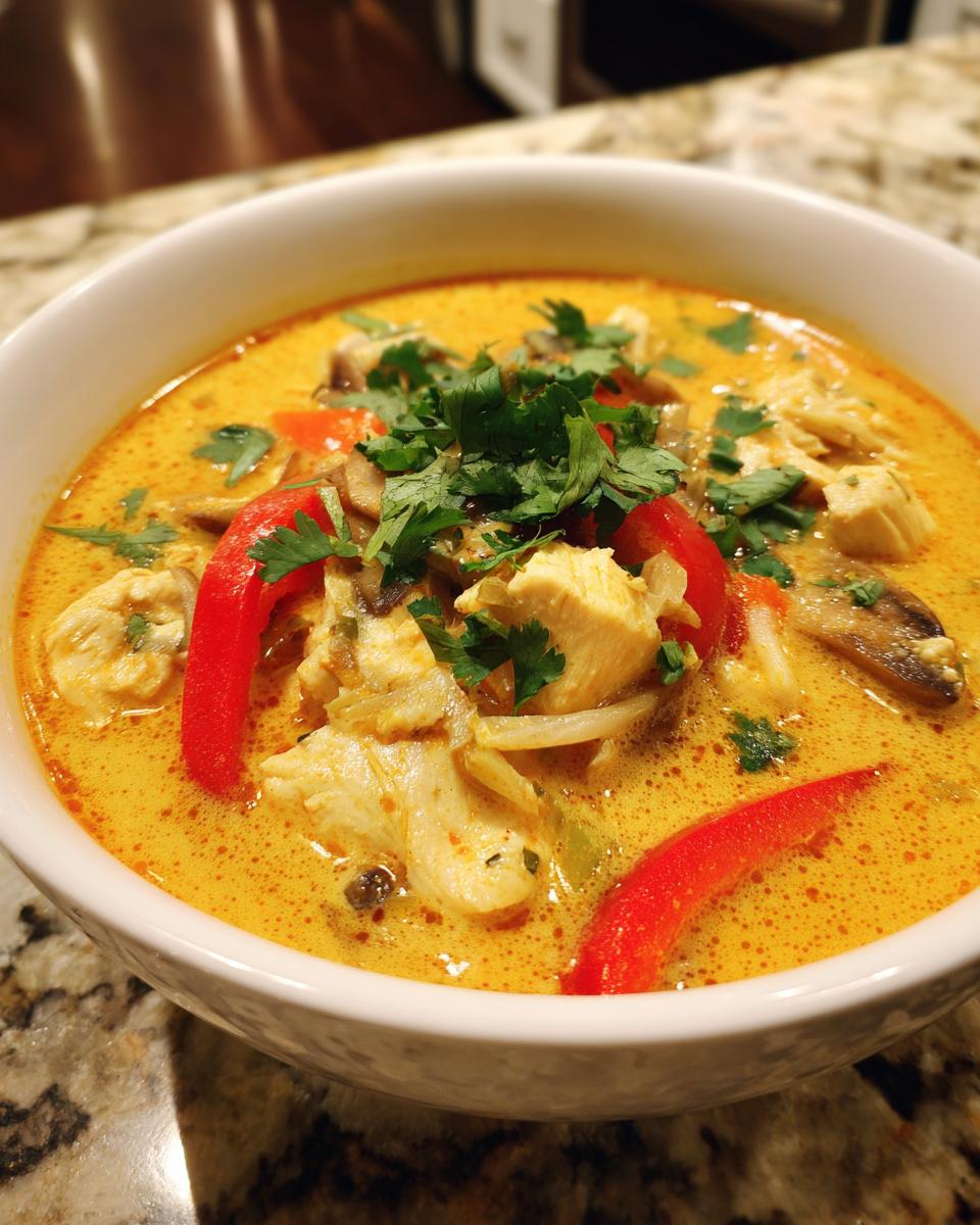 Close-up of a white bowl filled with vibrant yellow coconut curry soup, featuring chunks of chicken, red pepper, and cilantro garnish.