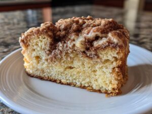 Close-up of a moist slice of homemade coffee cake featuring a thick cinnamon streusel topping and light glaze.