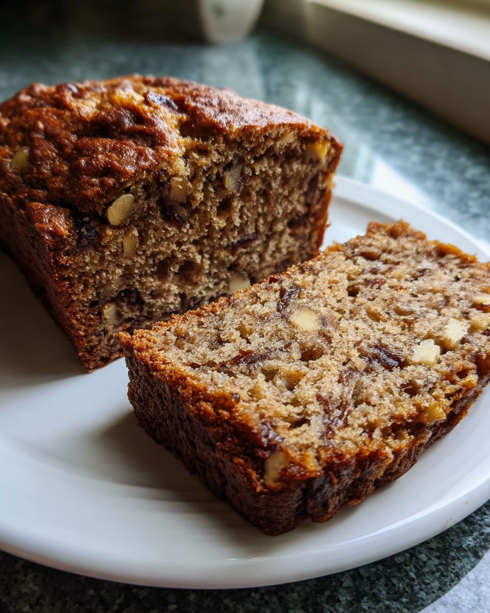 A close-up of a freshly baked slice of date nut bread next to the loaf on a white plate.