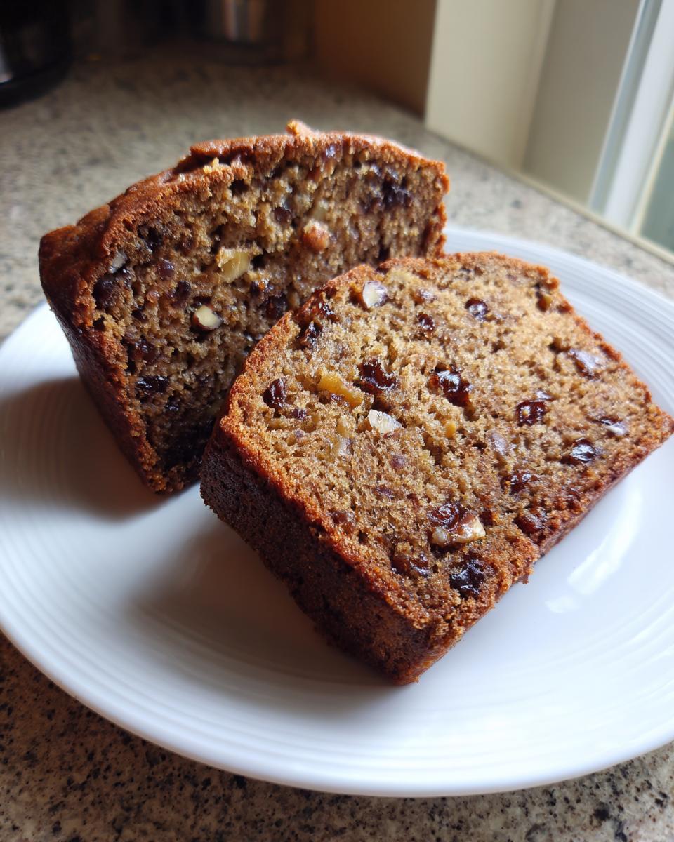 Two thick slices of moist date nut bread, showing visible dates and walnuts, served on a white plate.