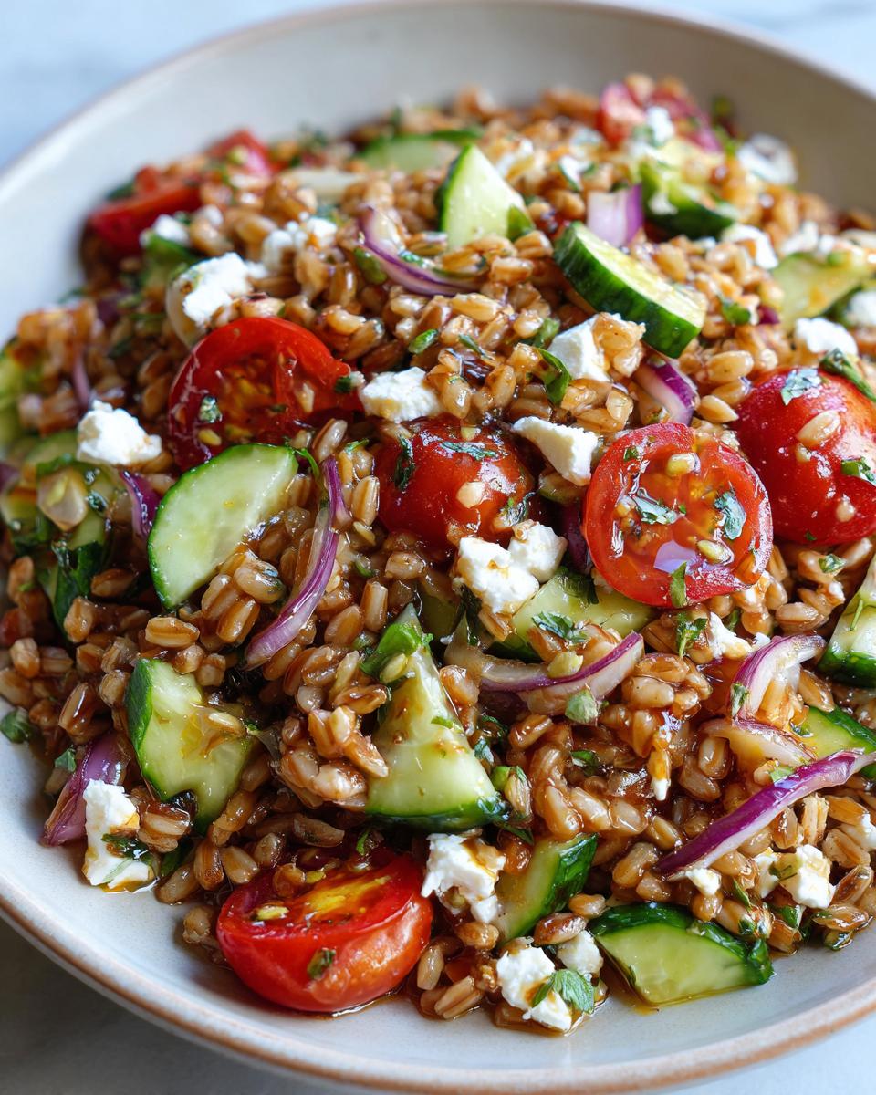 Close-up of a vibrant farro salad mixed with cherry tomatoes, cucumber chunks, red onion, and feta cheese.