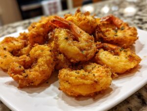 A close-up of perfectly golden and crispy fried shrimp piled high on a white serving plate.