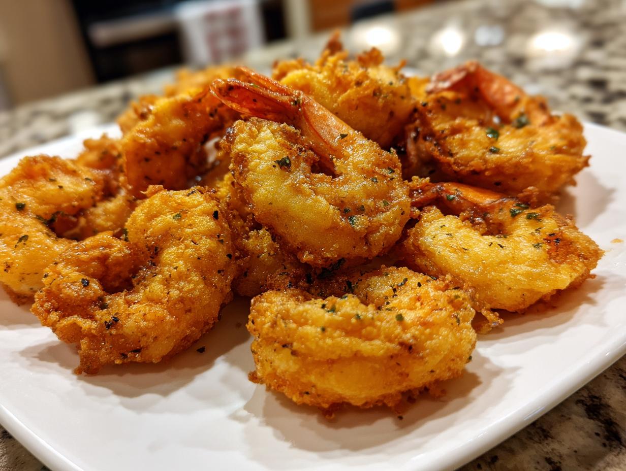 A close-up of perfectly golden and crispy fried shrimp piled high on a white serving plate.