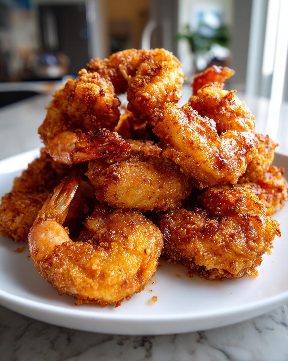 A mound of golden brown, perfectly crispy fried shrimp piled high on a white plate.