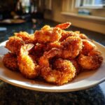 A mound of perfectly golden brown, crispy fried shrimp piled high on a white plate, catching sunlight.