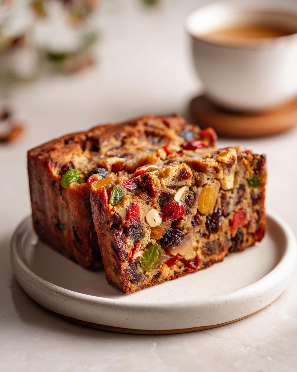 Two thick slices of moist fruit cake recipe packed with colorful dried fruits and nuts, served on a white plate.