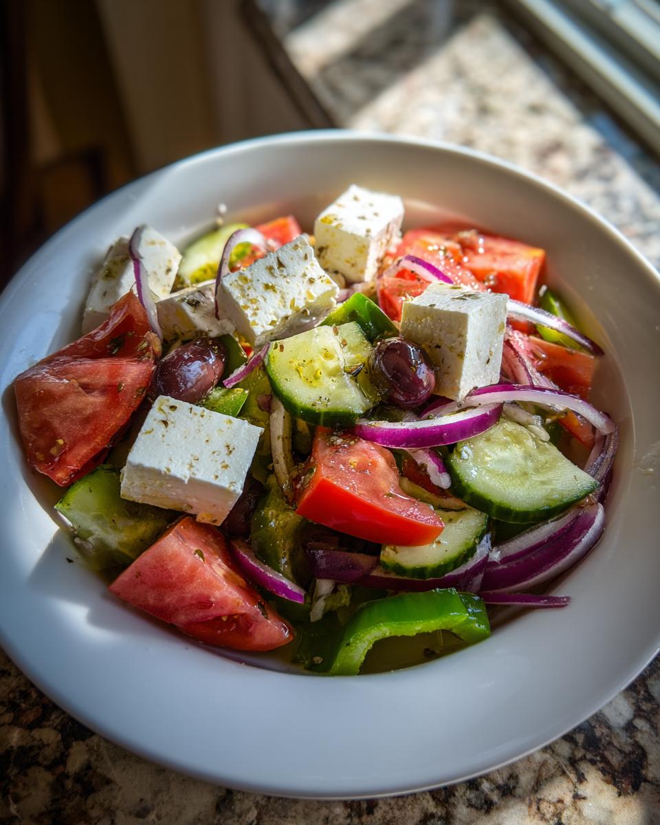 Close-up of a vibrant greek salad featuring large cubes of feta cheese, tomatoes, cucumbers, red onion, and olives.