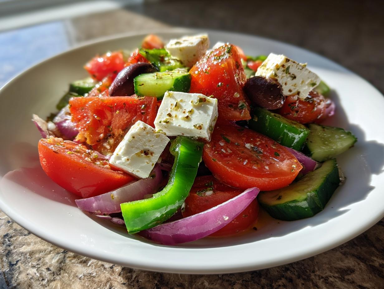 Close-up of a fresh greek salad featuring large chunks of tomato, cucumber, red onion, Kalamata olives, and feta cheese.