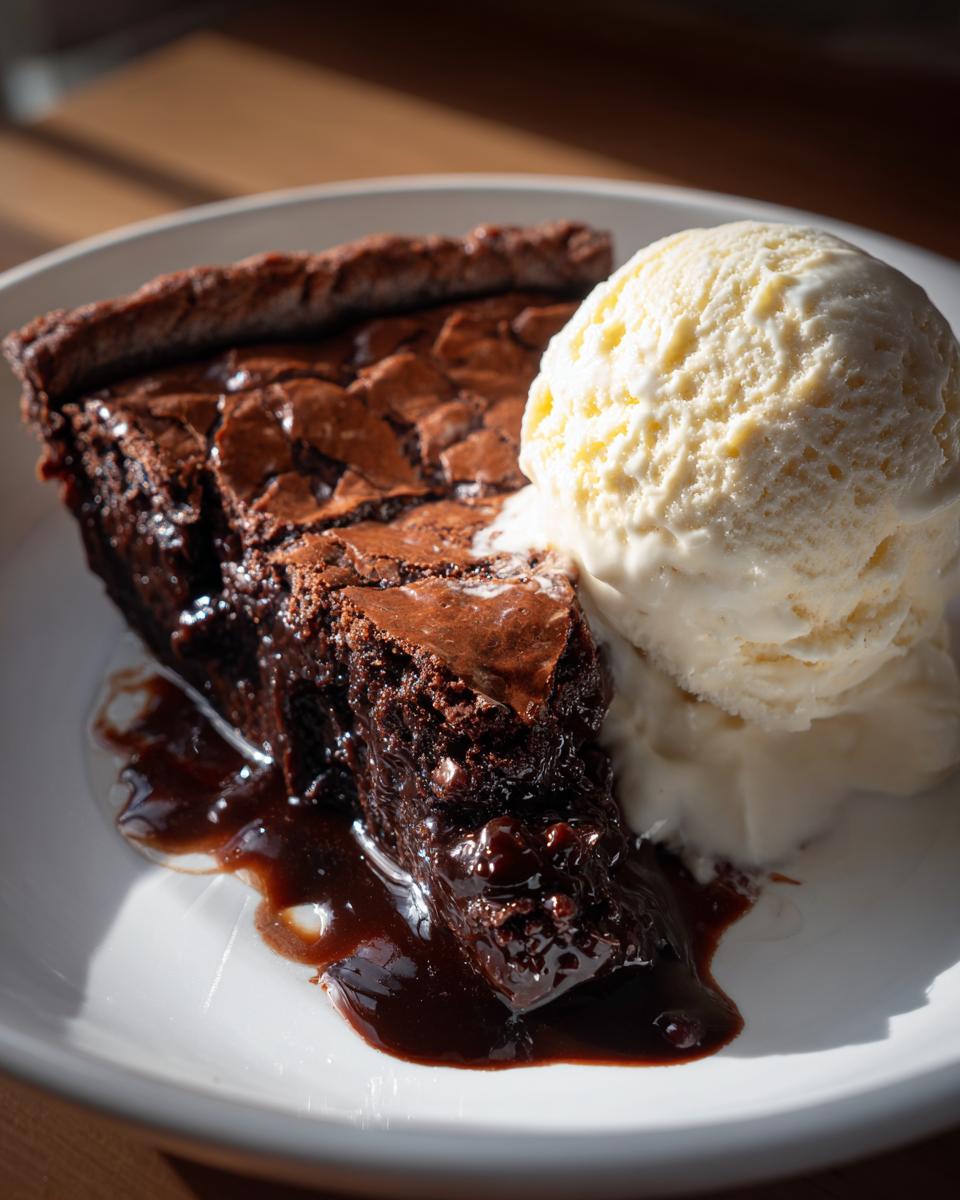 A decadent slice of hot fudge pie with a gooey center, served with a scoop of melting vanilla ice cream.