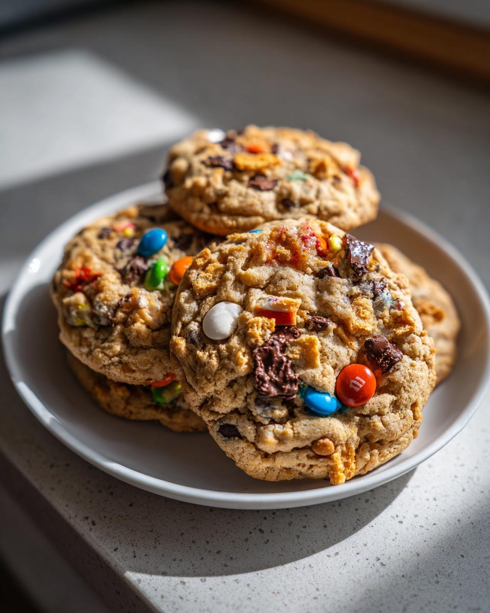A stack of freshly baked kitchen sink cookies loaded with M&M's and chocolate chunks on a white plate.
