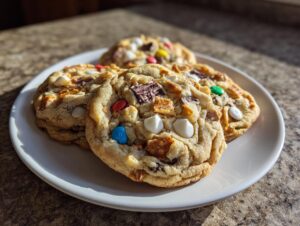 Three freshly baked kitchen sink cookies loaded with chocolate chunks, M&Ms, and white chips, sitting on a white plate.