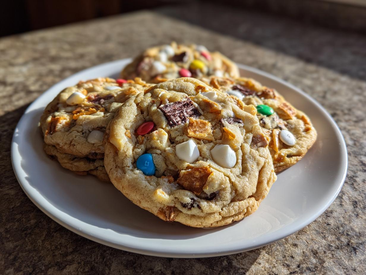 Three freshly baked kitchen sink cookies loaded with chocolate chunks, M&Ms, and white chips, sitting on a white plate.