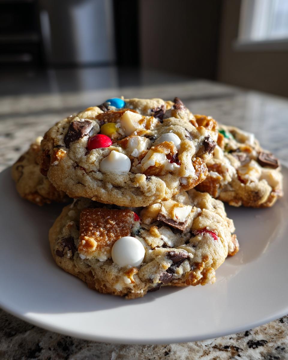 A stack of three loaded kitchen sink cookies featuring M&Ms, white chocolate chips, and caramel chunks on a white plate.