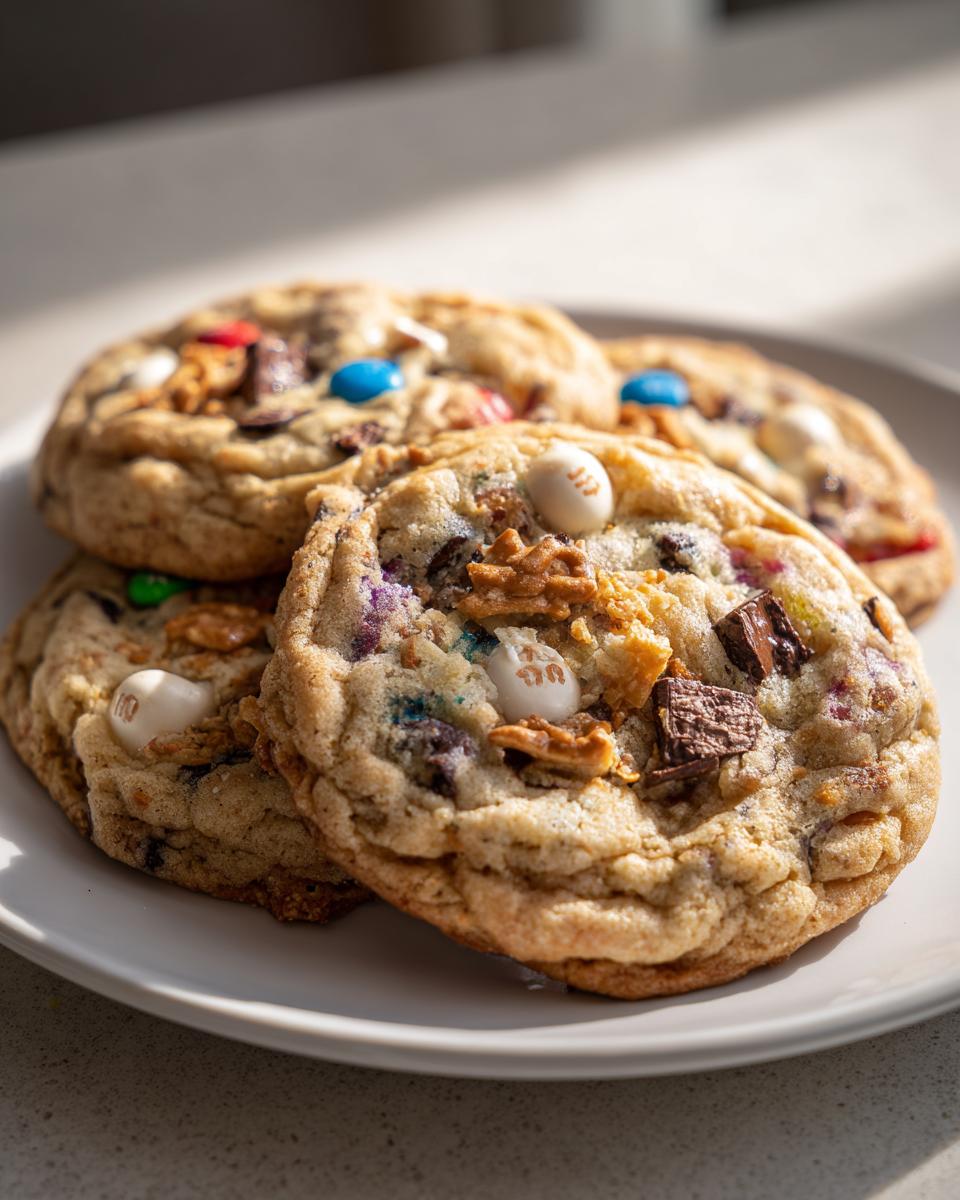 A stack of three freshly baked, thick kitchen sink cookies loaded with candies, chocolate chunks, and nuts, sitting on a white plate.