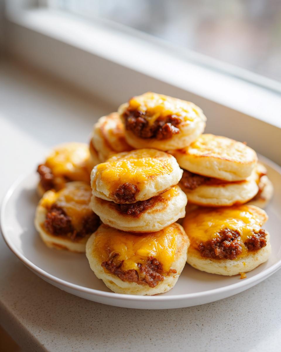 A stack of homemade McGriddle bites made with small pancakes, sausage filling, and topped with melted cheddar cheese.