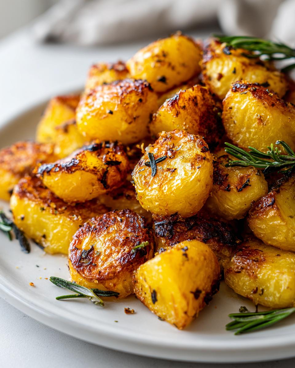 Close-up of perfectly golden and crispy oven roasted potatoes seasoned with herbs and rosemary.