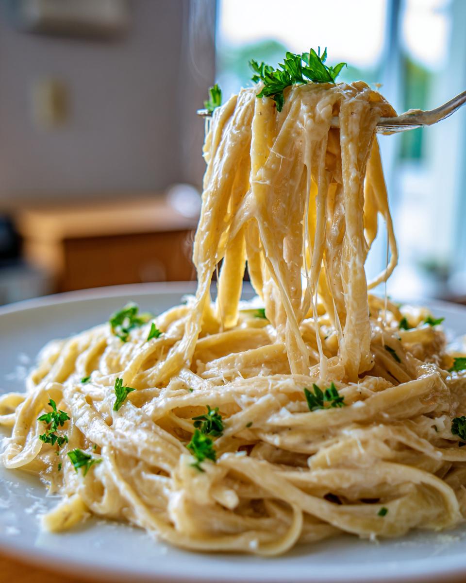A fork lifting steaming fettuccine coated in creamy sauce, showcasing amazing parmesan pasta garnished with fresh parsley.