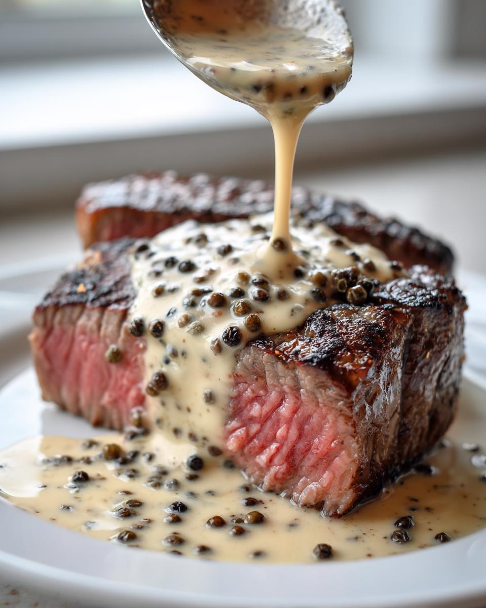 A spoonful of creamy peppercorn sauce is being poured over a perfectly cooked, medium-rare steak.